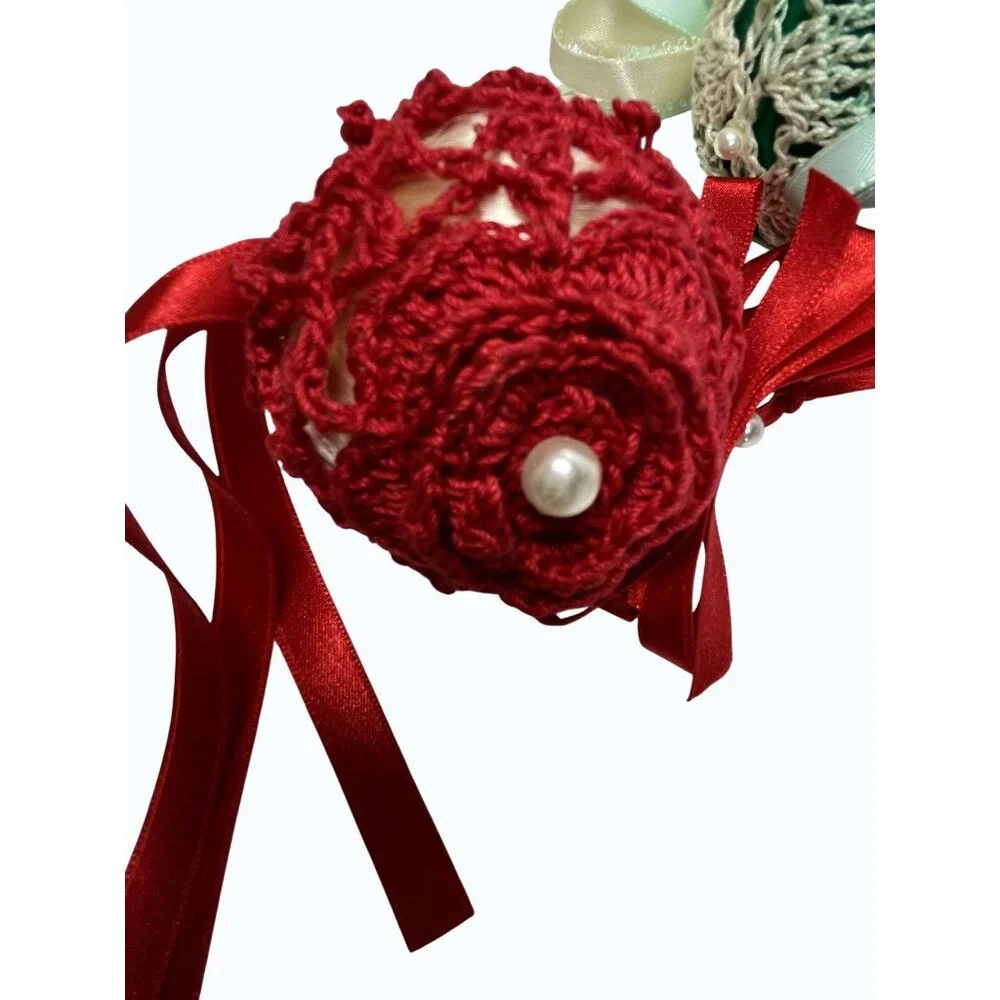 Set Of 4 Handmade Crochet Push Pin Ornaments With Ribbon Tassels  Beaded Accents